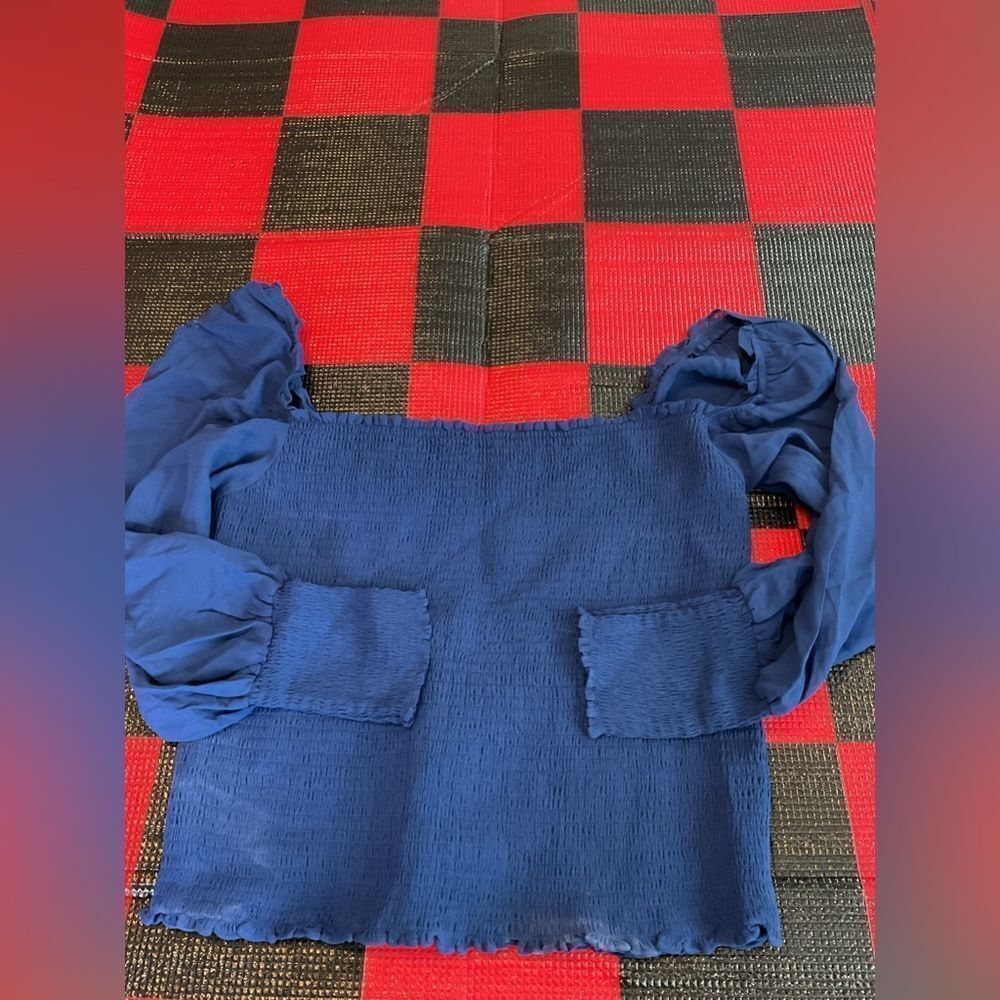 Reformation Pinto Caspian Blue Smocked Square Neck Long Sleeve Top Size 3X